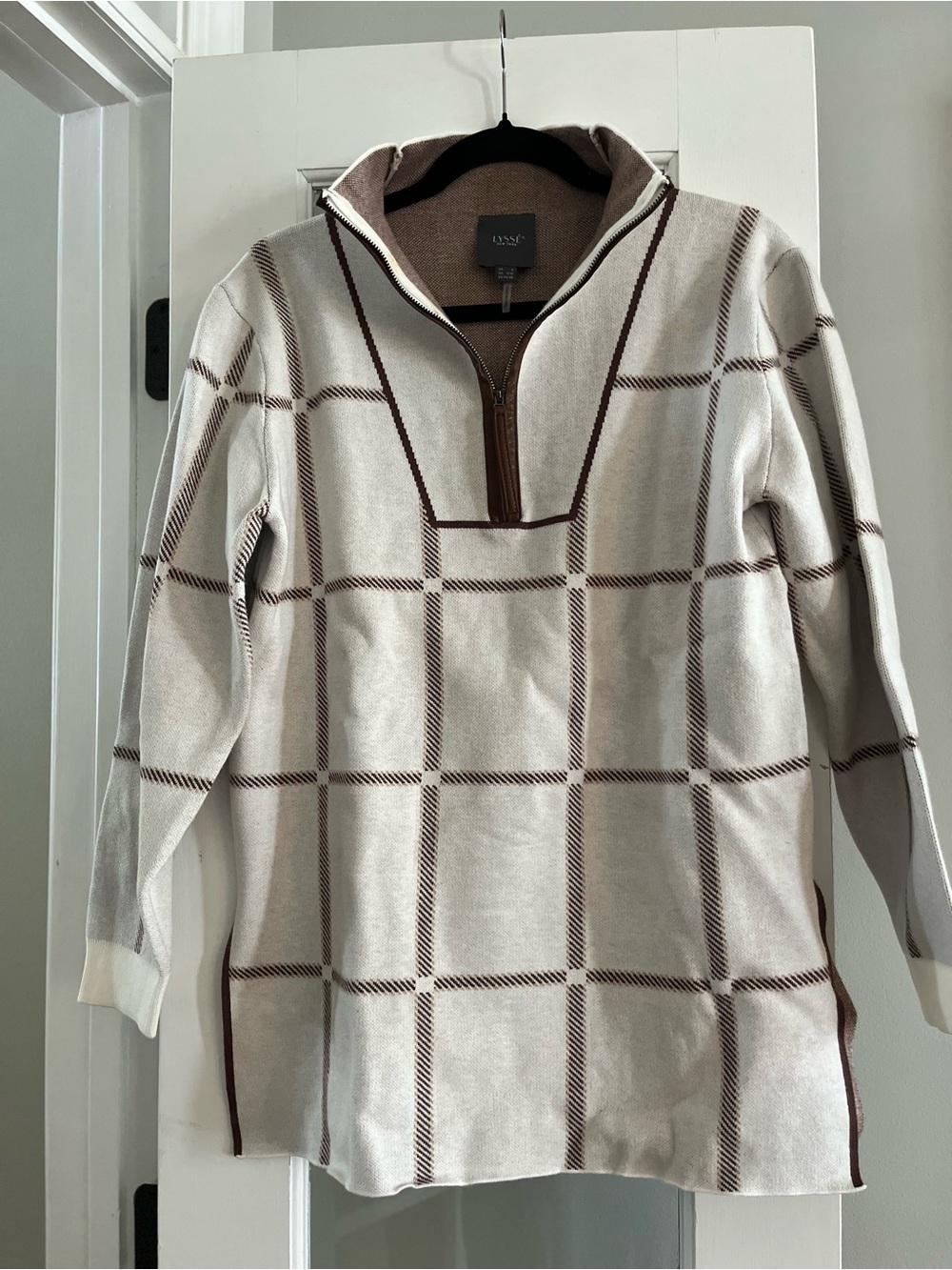 Lysse Cream & Brown Windowpane Quarter-Zip Sweater